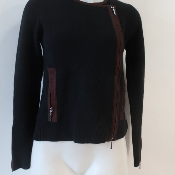 Womens Raffi Black Brown Pure Cashmere Asymmetric Full Zip Cardigan Jacket S - Picture 4 of 16